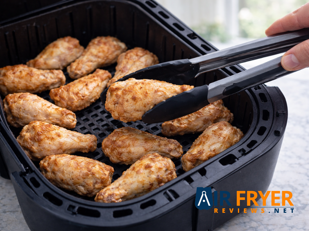 Partially cooked chicken wings being flipped halfway through cooking in an air fryer for even crisping Air Fryer Reviews