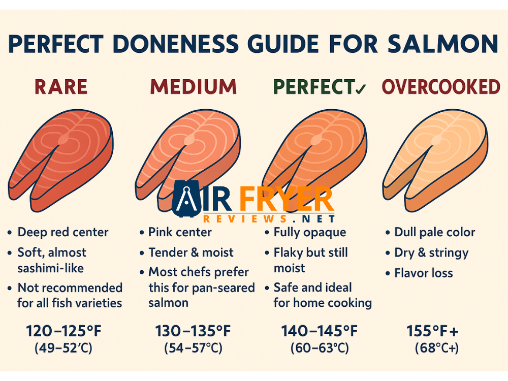 Infographic showing salmon doneness levels from rare to overcooked with temperatures.