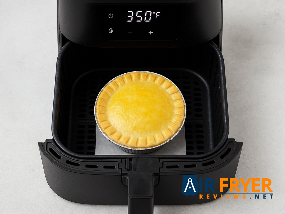 Pot pie placed correctly in the air fryer basket showing ample space around it Air Fryer Reviews