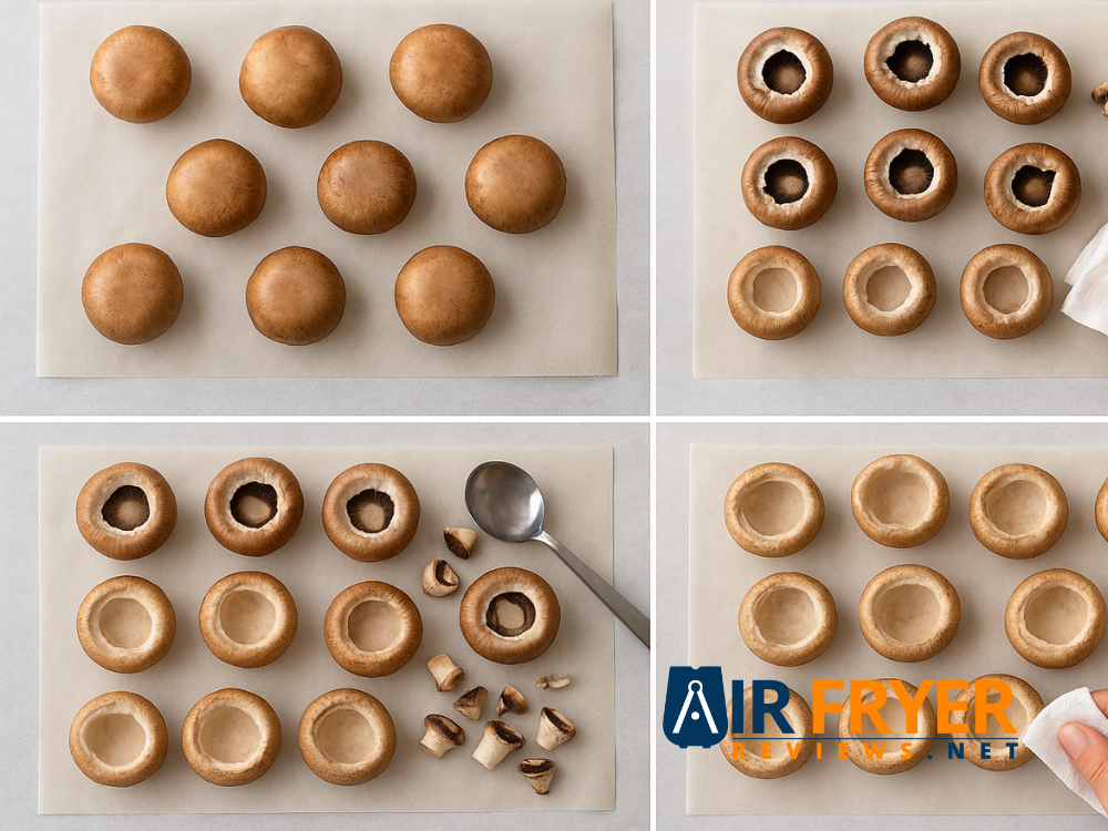 A four-step sequence showing cleaned mushrooms, stems removed, cavities scooped and caps being patted dry.