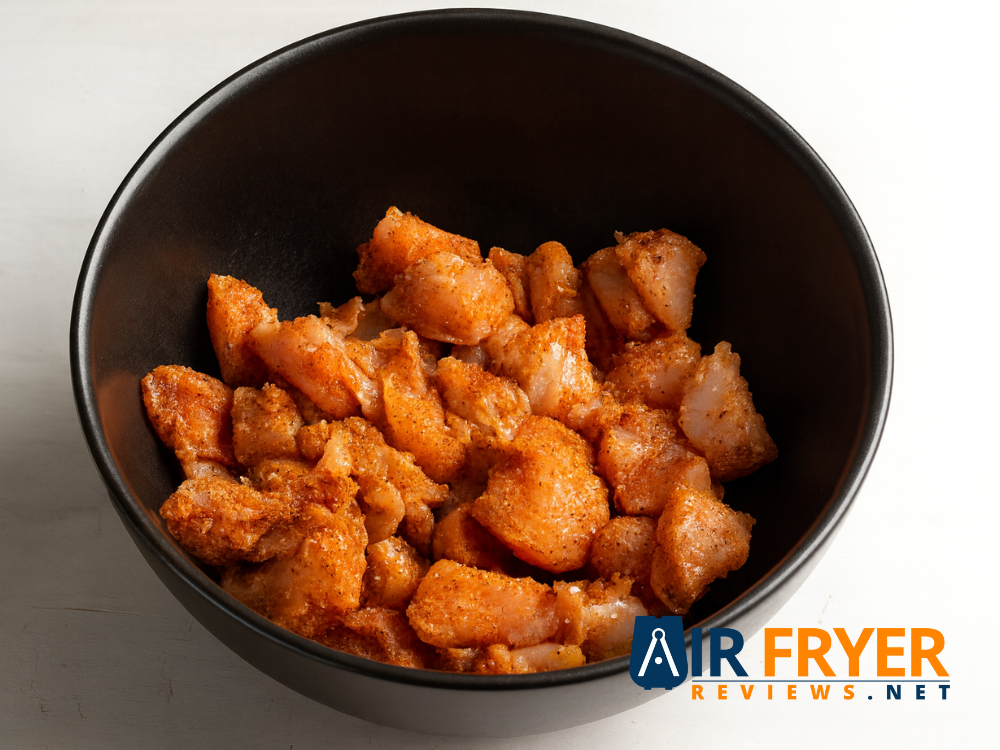 Spiced raw chicken pieces in a black bowl.