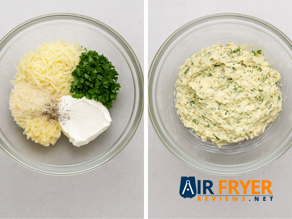 A bowl of measured stuffing ingredients next to a bowl of the mixed creamy mushroom filling.