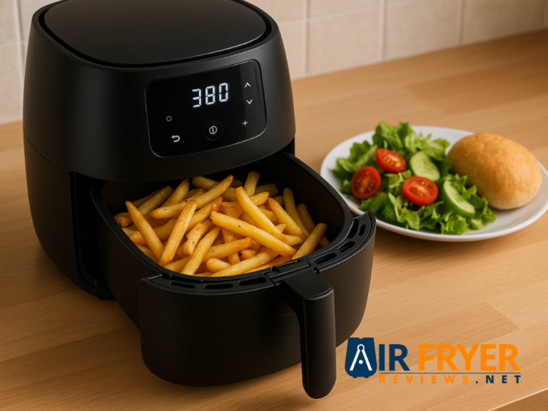 Air Fryer Mastery digital air fryer cooking crispy French fries with side salad and bread on kitchen countertop