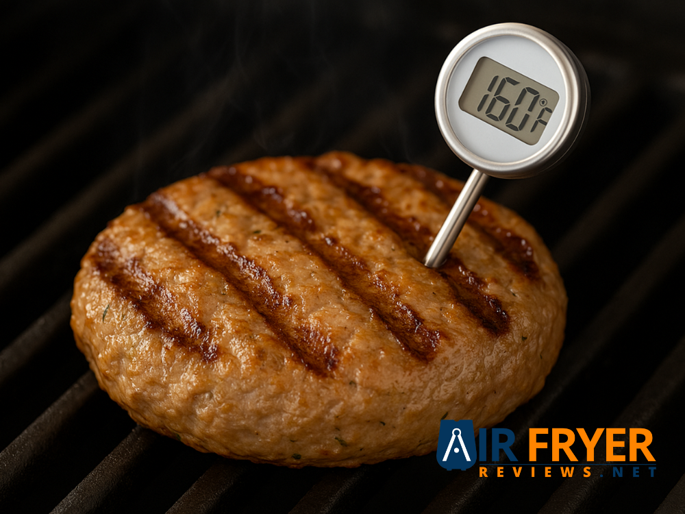 Thermometer inserted into a patty displaying the internal temperature Air Fryer Reviews