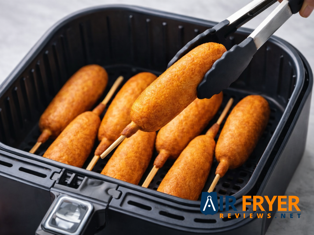 Tongs flipping corn dogs in air fryer basket Air Fryer Reviews