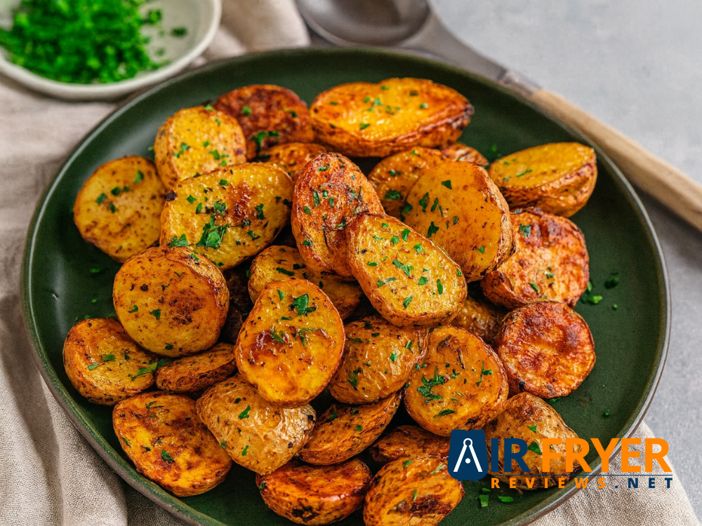 Golden roasted potato halves served on a dark green plate with herbs