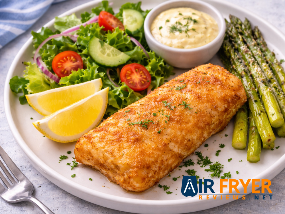 Air fryer fish fillet with salad asparagus and sauce Air Fryer Reviews