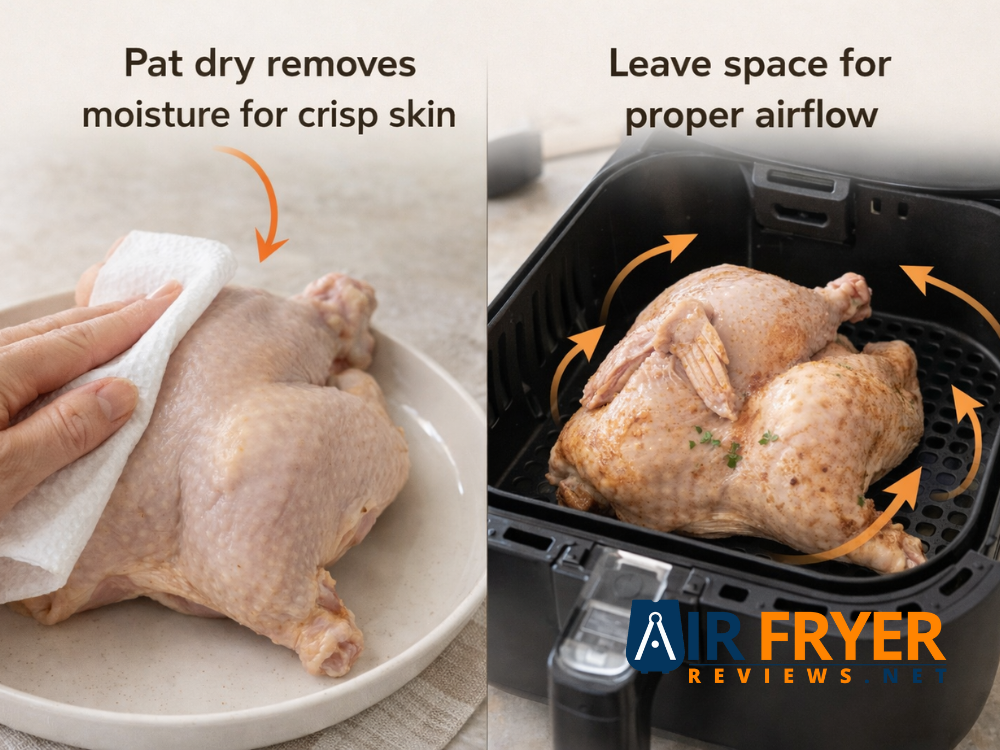 Annotated correct pat dry technique and airflow spacing Air Fryer Reviews
