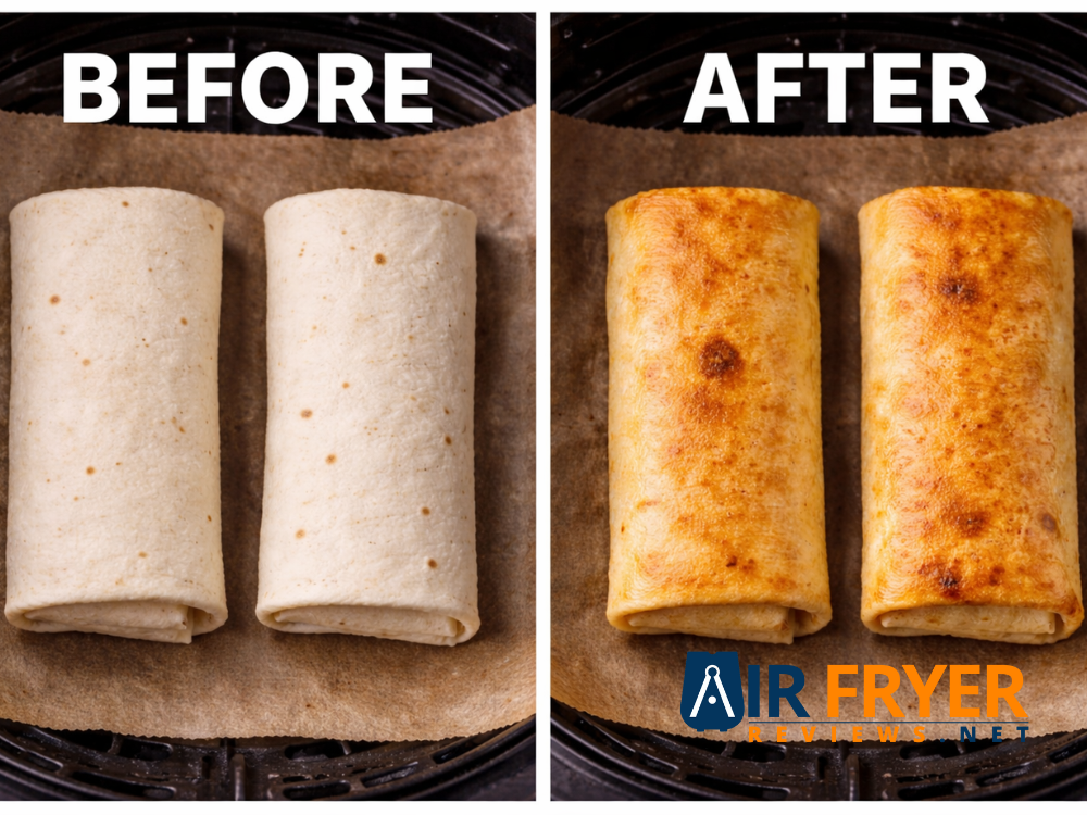 Before and after photo of an air fried burrito showing golden brown Air Fryer Reviews