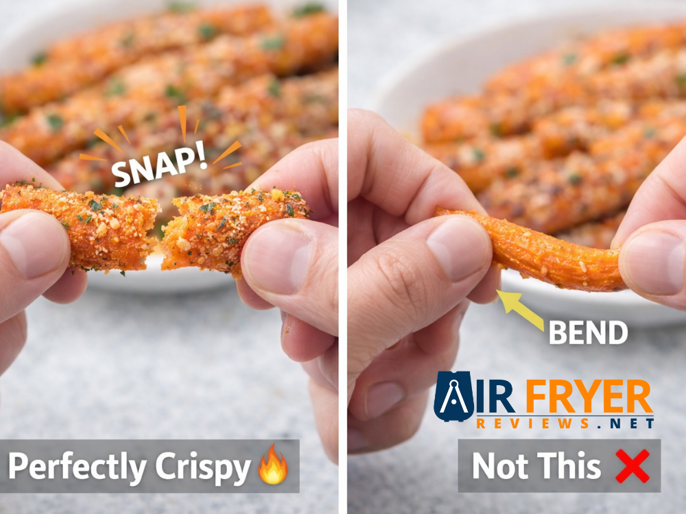 Crispy air fryer carrot snapping in half compared to a soggy carrot bending without breaking showing the difference in Air Fryer Reviews