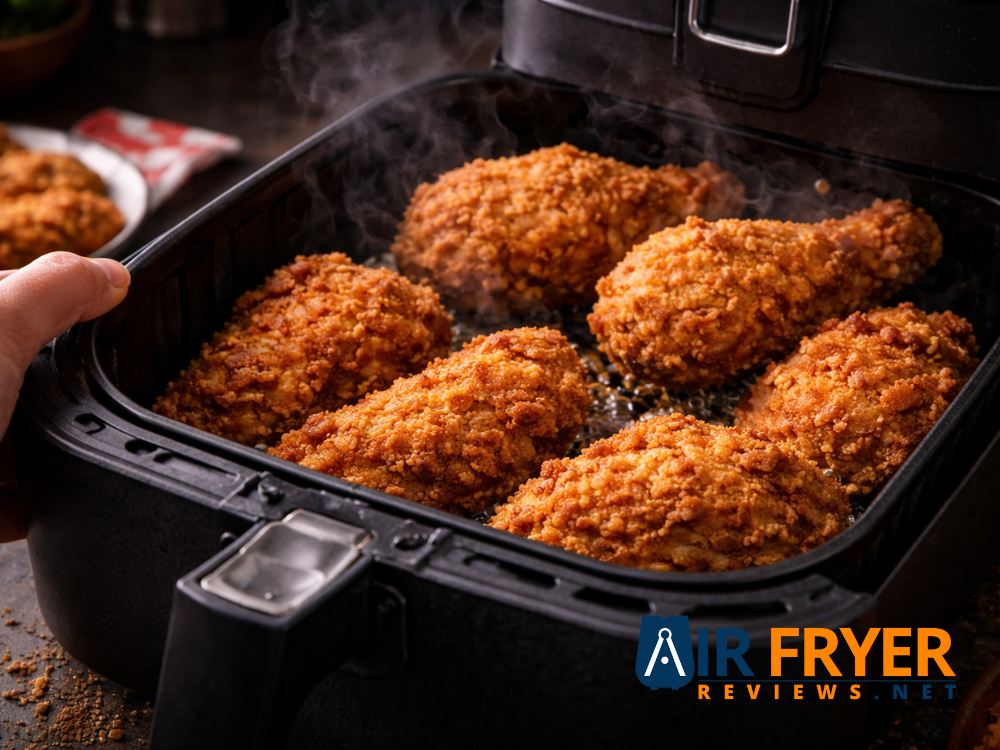 Crispy fried chicken in air fryer basket Air Fryer Reviews