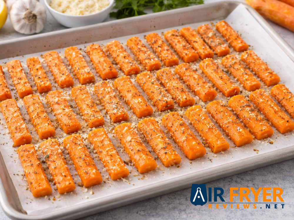 Seasoned carrot sticks spread in a single layer on a parchment lined baking sheet before cooking Air Fryer Reviews