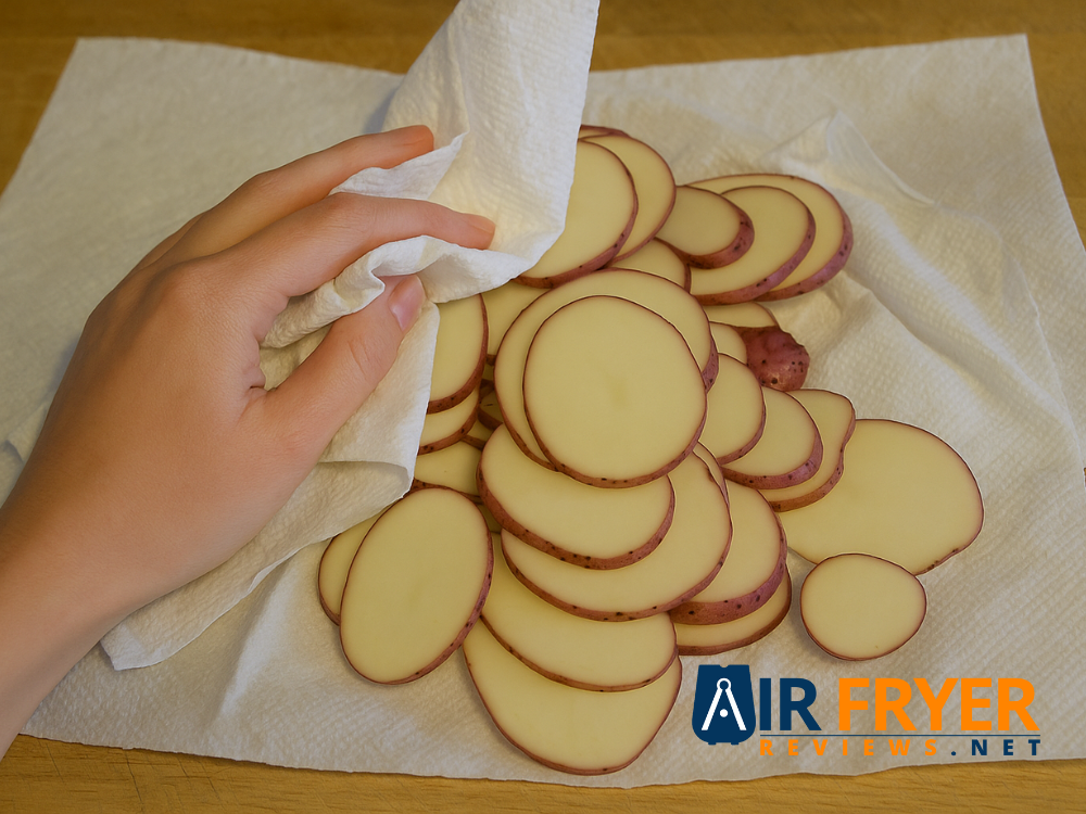 Slim hand patting thin potato slices dry with a paper towel Air Fryer Reviews