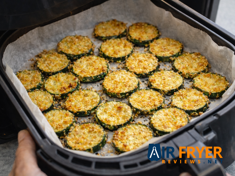 Zucchini chips cooking in air fryer with parchment paper Air Fryer Reviews