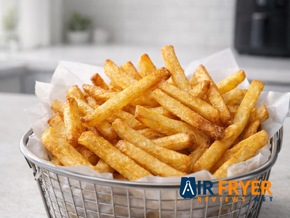 A basket of perfectly golden crispy air fried french fries from the COSORI 2.1 QT Air Fryer Reviews