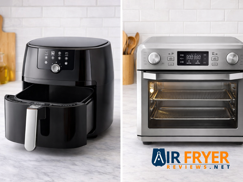 A collage featuring basket style and oven style air fryers for reference Air Fryer Reviews