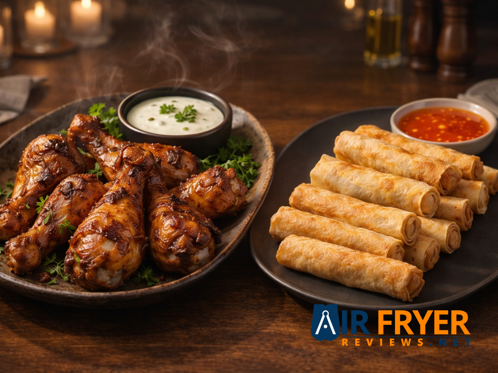 COSORI Dual Air Fryer 9Qt Review: The 10-in-1 Powerhouse for Faster, Healthier Family Meals 11 Air fryer chicken drumsticks and crispy spring rolls served on elegant dinner table setup Air Fryer Reviews