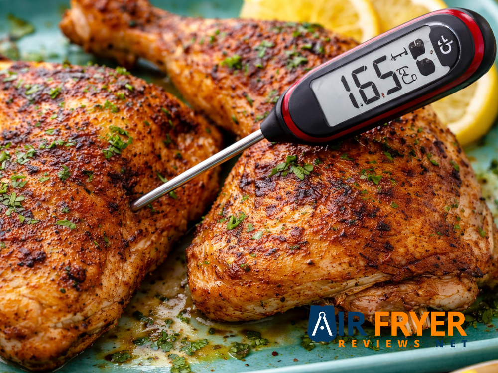 Air Fryer Chicken Leg Quarters (Never Soggy Again!) 4 Air fryer chicken leg quarters checked with a thermometer reading 165°F Air Fryer Reviews