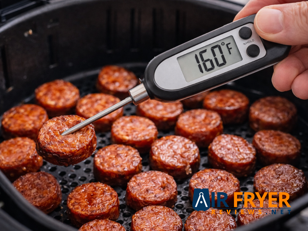 An instant read thermometer inserted into a kielbasa slice displaying 160°F Air Fryer Reviews