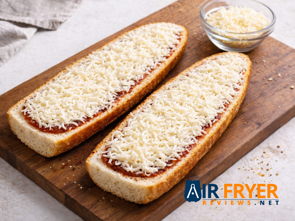 Bread halves topped with a smooth layer of mozzarella Air Fryer Reviews