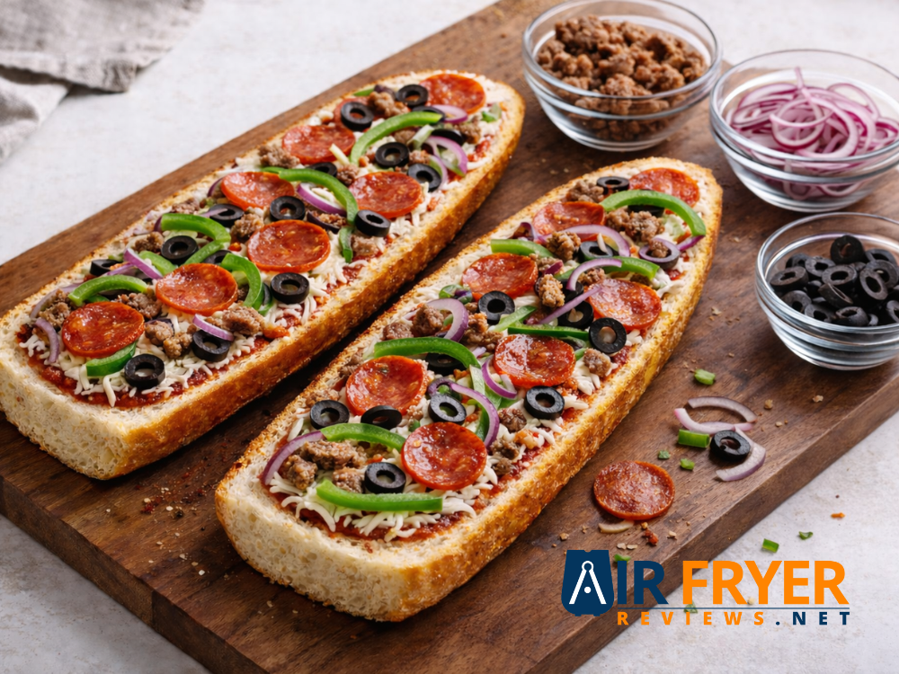 Bread halves topped with meats and vegetables evenly spaced Air Fryer Reviews