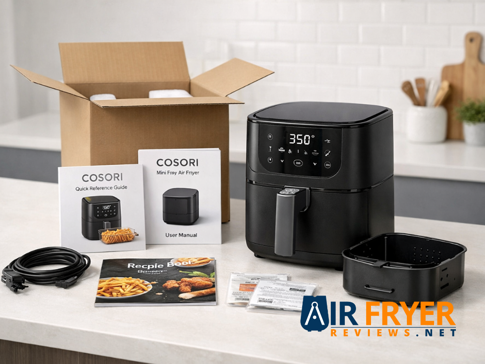 COSORI Mini Air Fryer freshly unboxed on a clean minimalist kitchen counter Air Fryer Reviews