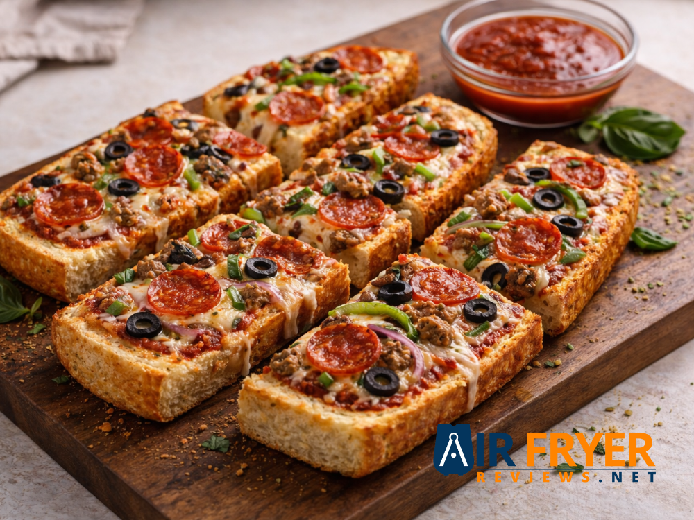 Crispy finished French bread pizza sliced and ready to serve Air Fryer Reviews