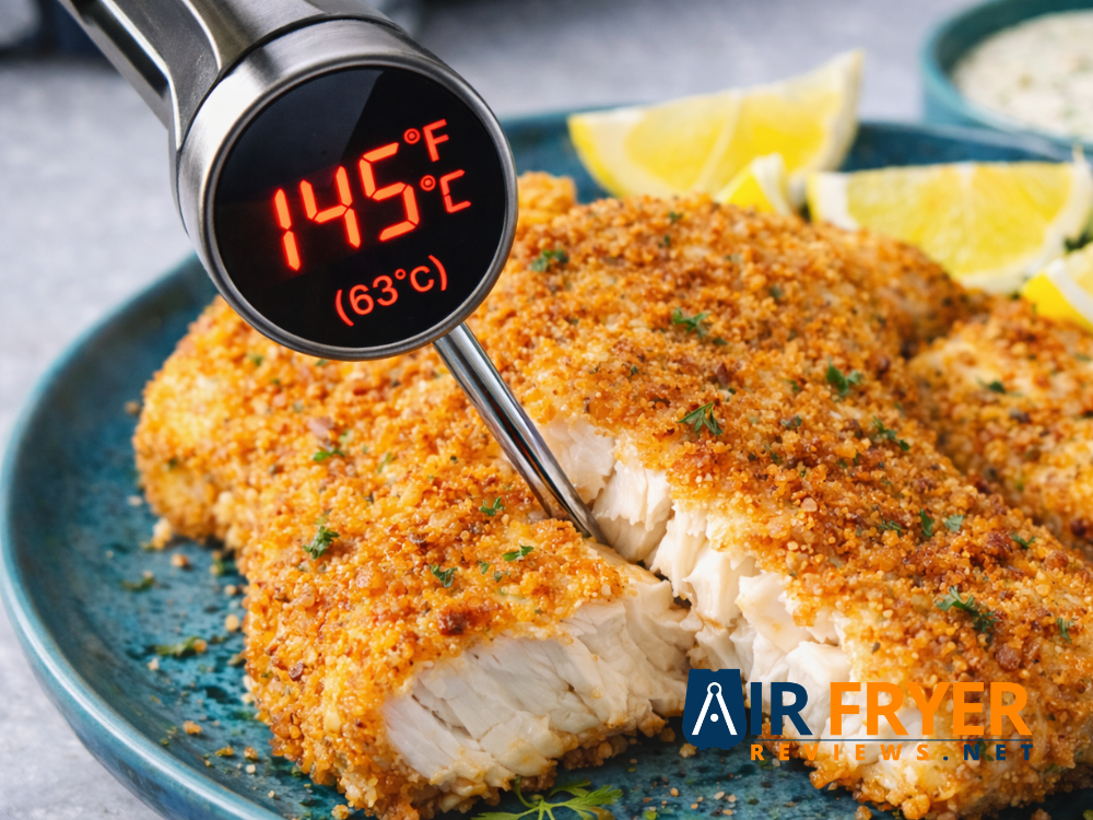 Golden breaded fish fillet with thermometer reading 145°F and flaky interior Air Fryer Reviews