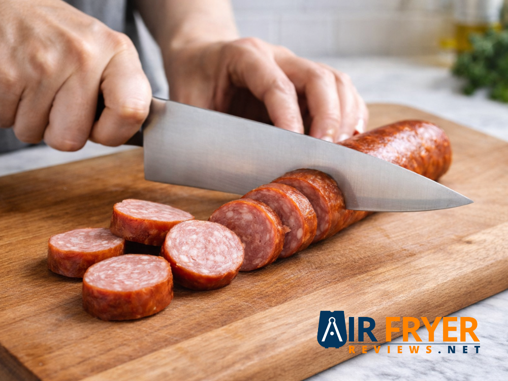 Kielbasa being sliced uniformly on a cutting board Air Fryer Reviews