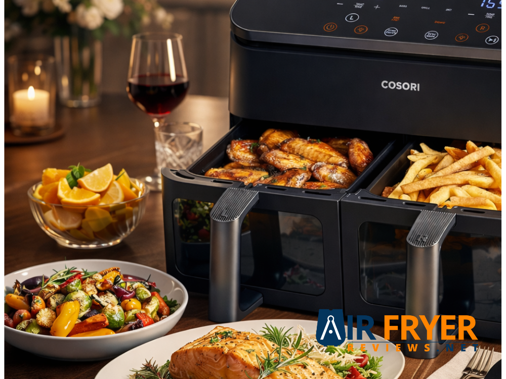 COSORI Dual Air Fryer 9Qt Review: The 10-in-1 Powerhouse for Faster, Healthier Family Meals 16 Luxury dual basket air fryer with plated salmon and fries on elegant dinner table Air Fryer Reviews