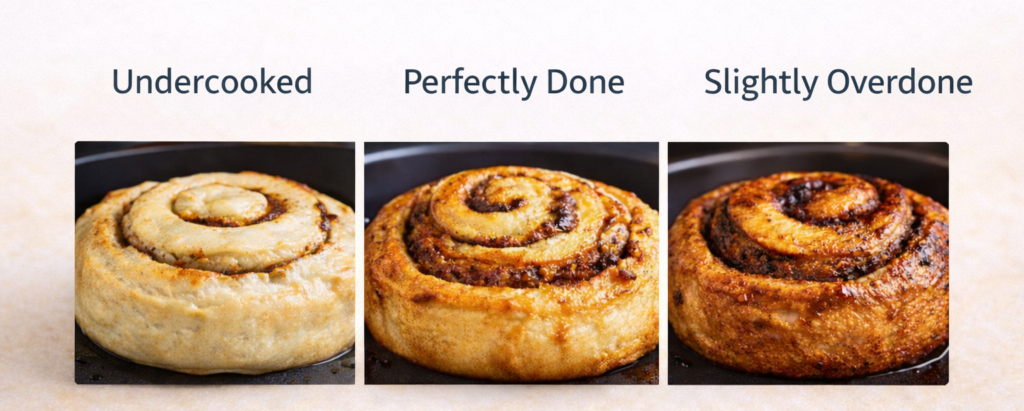 How to Cook Perfect Air Fryer Pillsbury Cinnamon Rolls - No More Burnt Edges! 4 Side by side air fryer cinnamon rolls demonstrating proper baking doneness Air Fryer Reviews